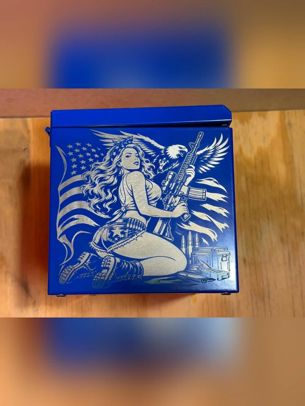 NEW Custom Laser engraved Mini Metal tool box Blue 1776 Pin Up Girl